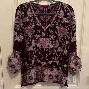 Johnny Was Women's Burgundy and Pink Floral Blouse